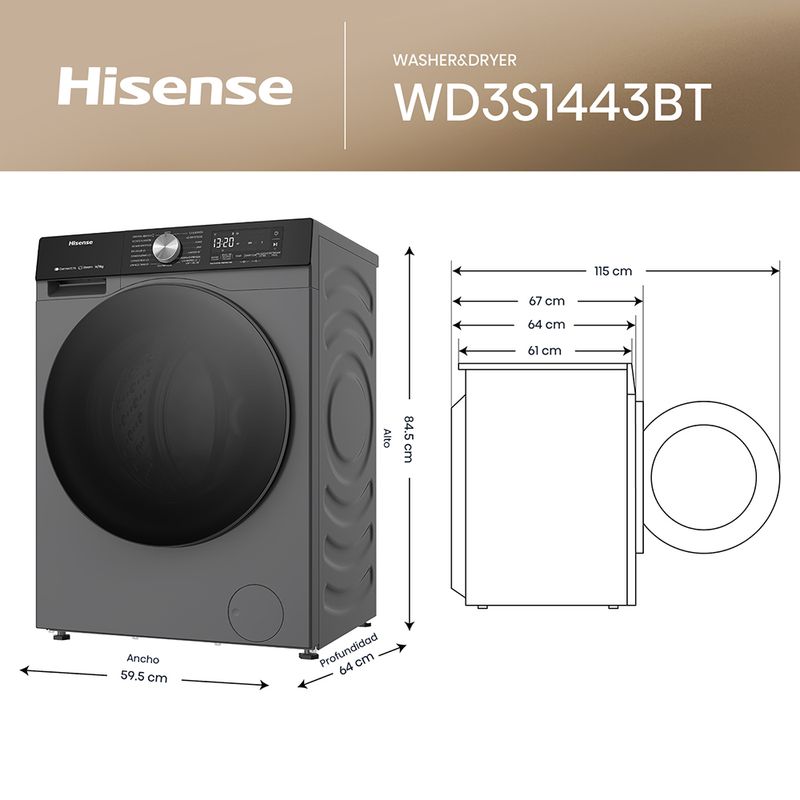 Lavaseca-Hisense-WD3S1443BT-14 kg-9 kg-Gris-Oscuro