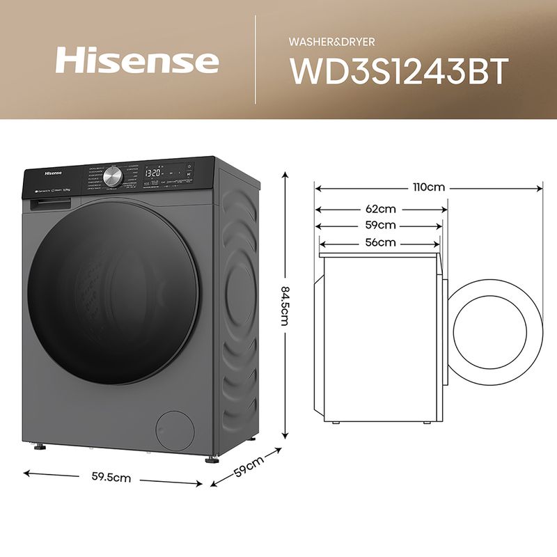 Lavaseca-Hisense-WD3S1243BT-12 kg-8 kg-Gris-Oscuro