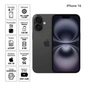 Celular Apple iPhone 16 MYE73BE/A 128GB Black